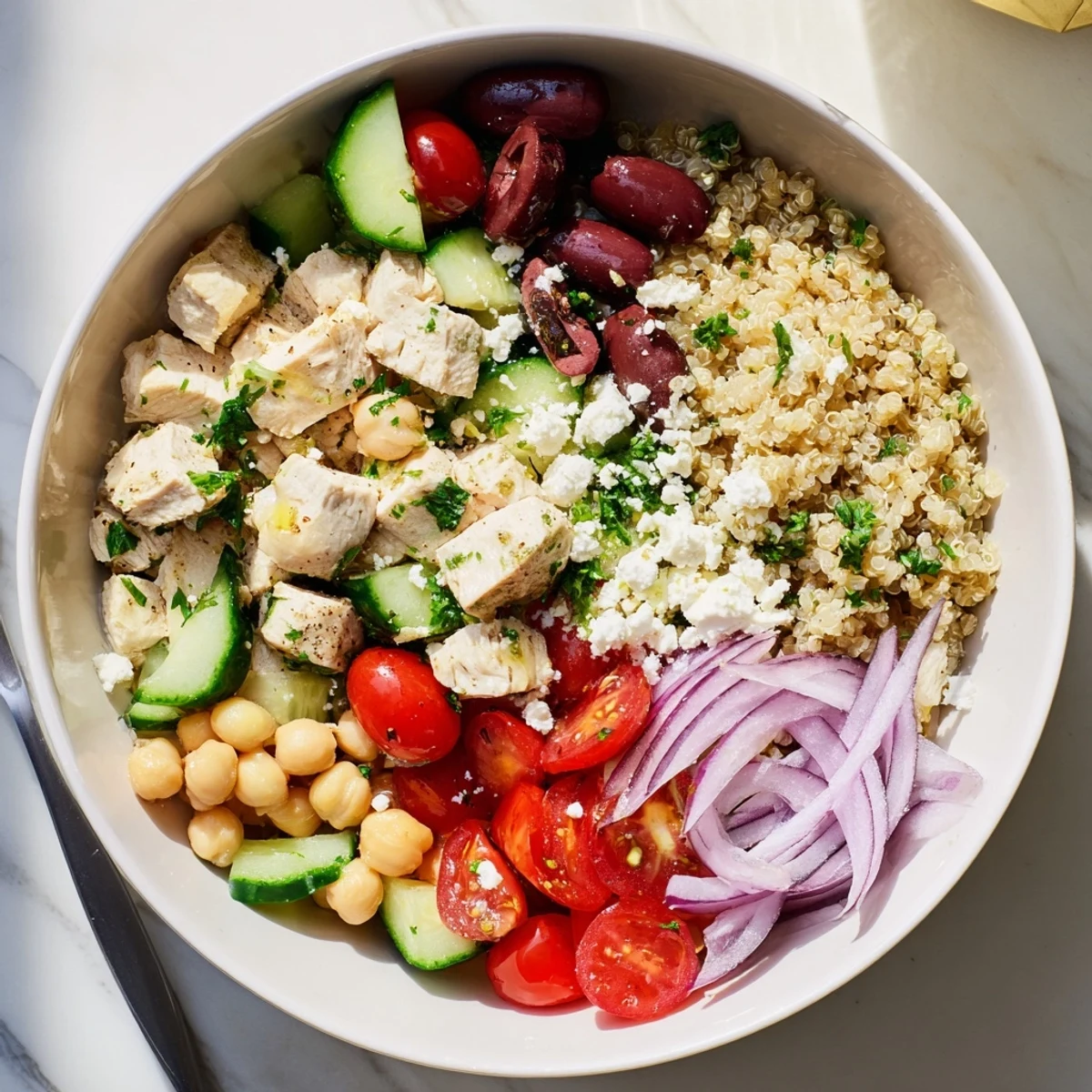 Colorful Mediterranean Chicken Bowl with fluffy quinoa, juicy chicken, and fresh toppings like cucumbers, tomatoes, and olives.