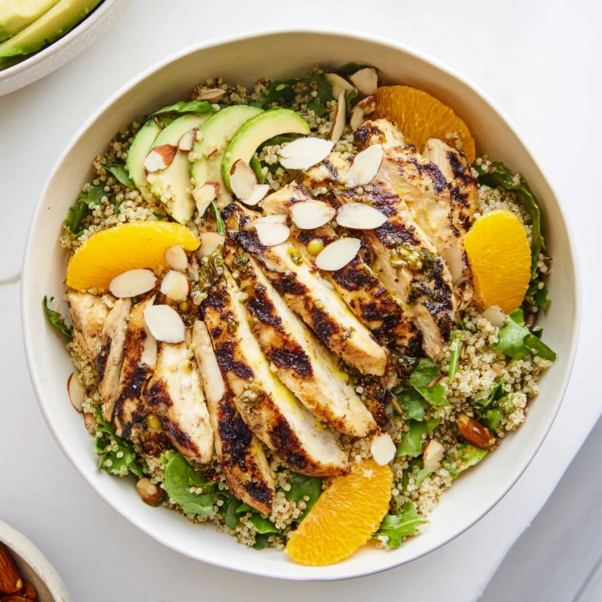 Vibrant Citrus Herb Chicken Salad Bowl features juicy orange slices, creamy avocado, and grilled chicken on quinoa and greens, drizzled with zesty vinaigrette.