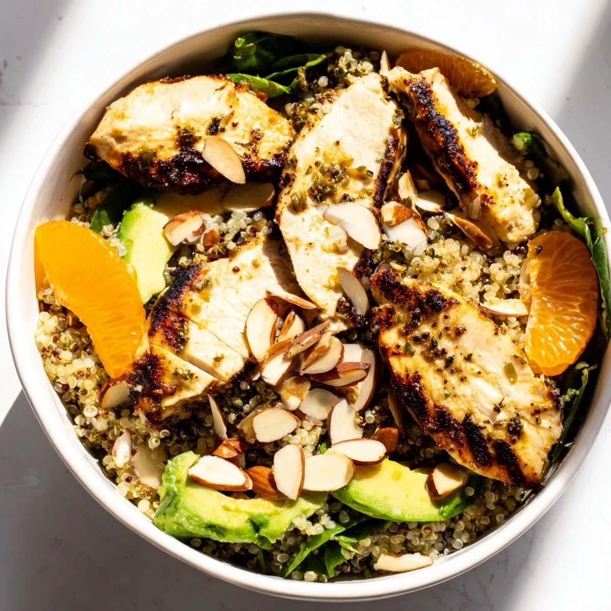 Serve this flavorful Citrus Herb Chicken Salad Bowl with toasted almonds, bright orange segments, and a light citrus vinaigrette over fluffy quinoa and greens.