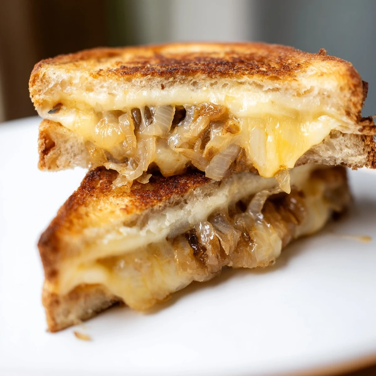 Slices of crispy, golden country bread hold melted Gruyère and sweet caramelized onions, served warm on a rustic plate.