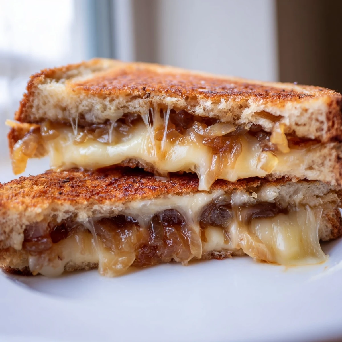 Close-up of a gourmet caramelized onion grilled cheese, with melted cheese oozing from between crispy, buttery bread slices.