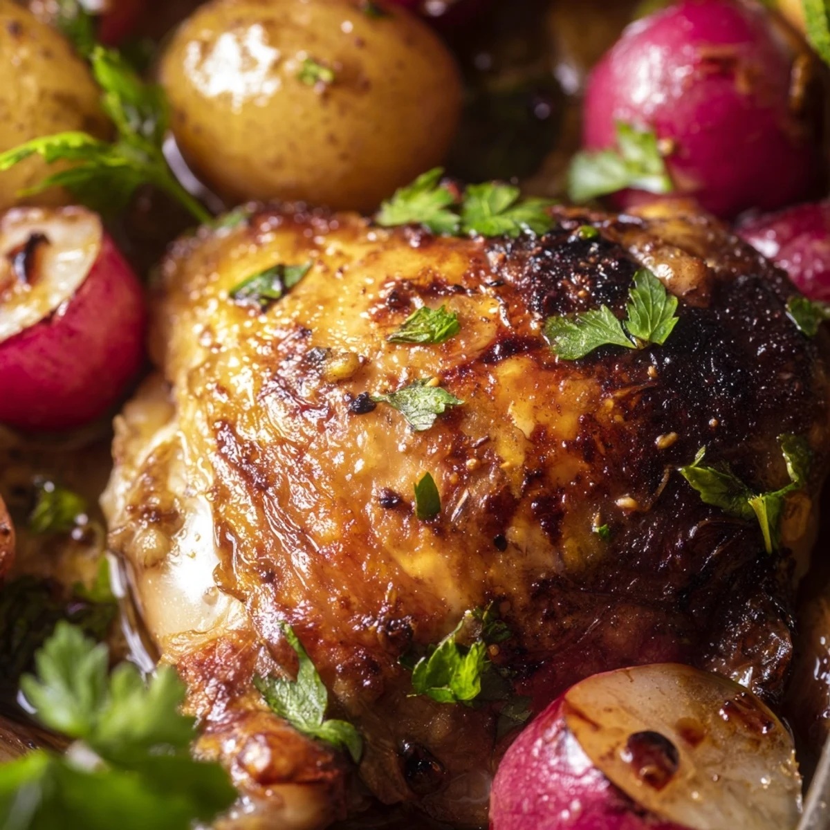 A vibrant sheet pan meal of Roasted Radish & Chicken with golden chicken thighs, caramelized potatoes, and tender radishes, finished with fresh lemon and parsley.