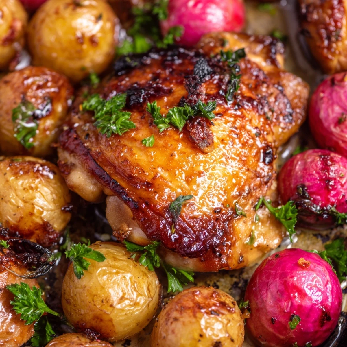 A simple Roasted Radish & Chicken Sheet Pan dinner, featuring crisp-skinned chicken, tender vegetables, and pan juices, perfect for an easy weeknight meal.