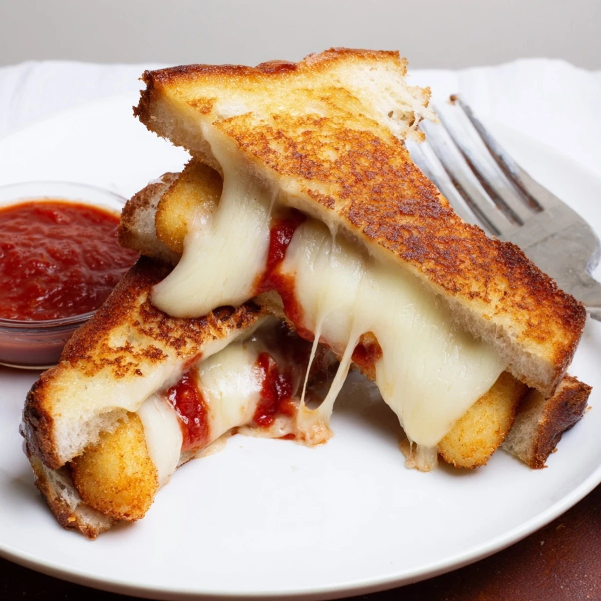 A close-up of the Mozzarella Stick Grilled Cheese, revealing golden, crispy bread oozing with melted cheese and gooey mozzarella sticks inside.  