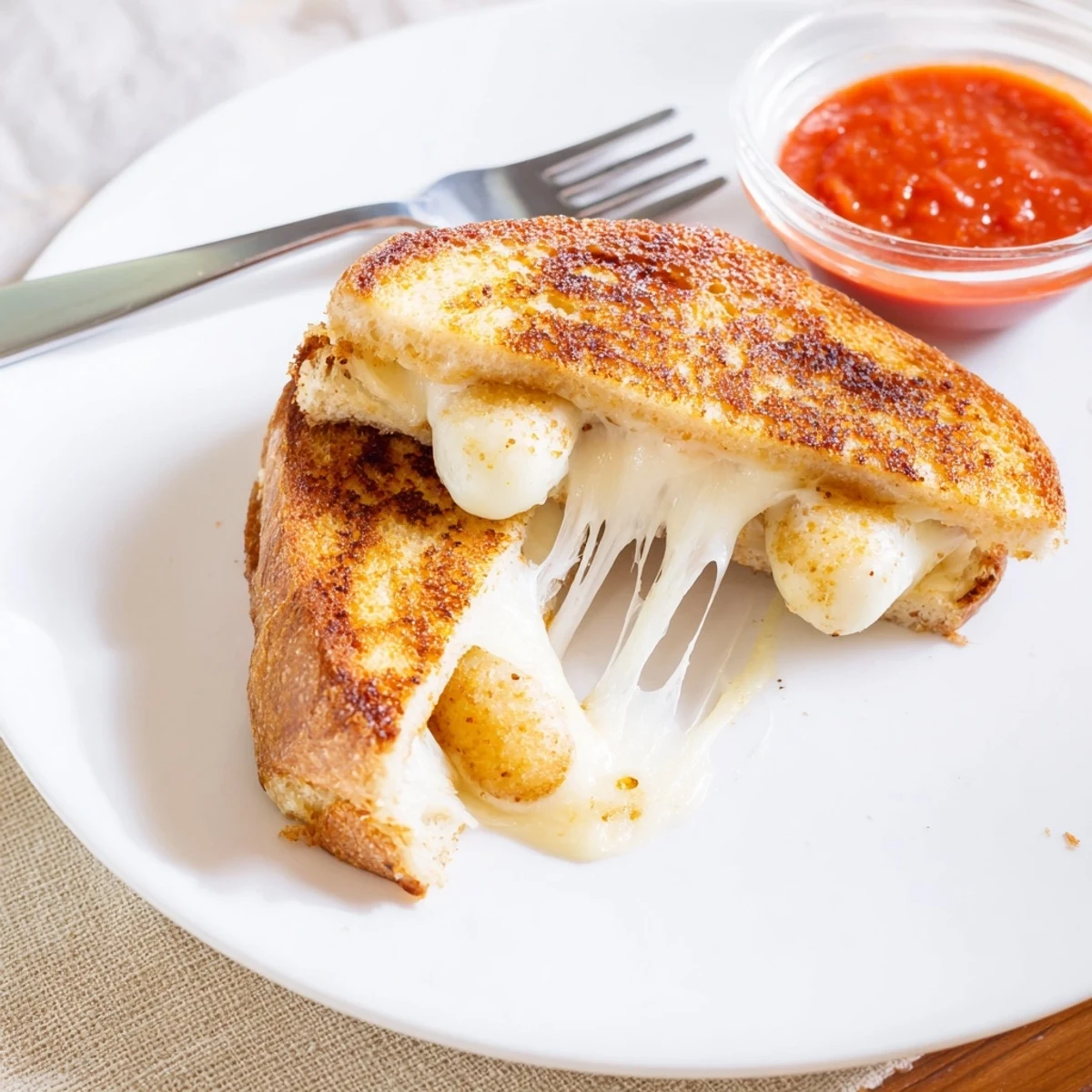 This vegetarian Mozzarella Stick Grilled Cheese recipe showcases crispy mozzarella sticks nestled between melty cheese slices, perfect for dipping in warm marinara sauce.