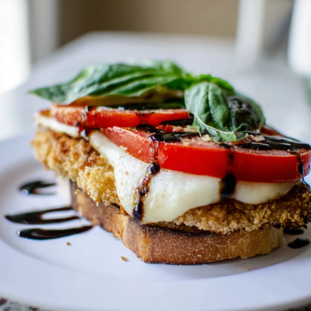 Crispy chicken caprese sandwich with melted mozzarella and fresh tomato on toasted ciabatta.