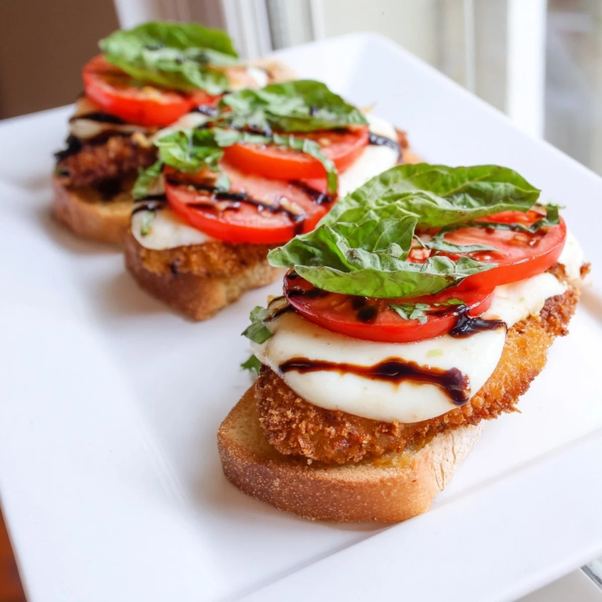 Crispy chicken caprese sandwich served with balsamic drizzle and basil leaves on ciabatta.
