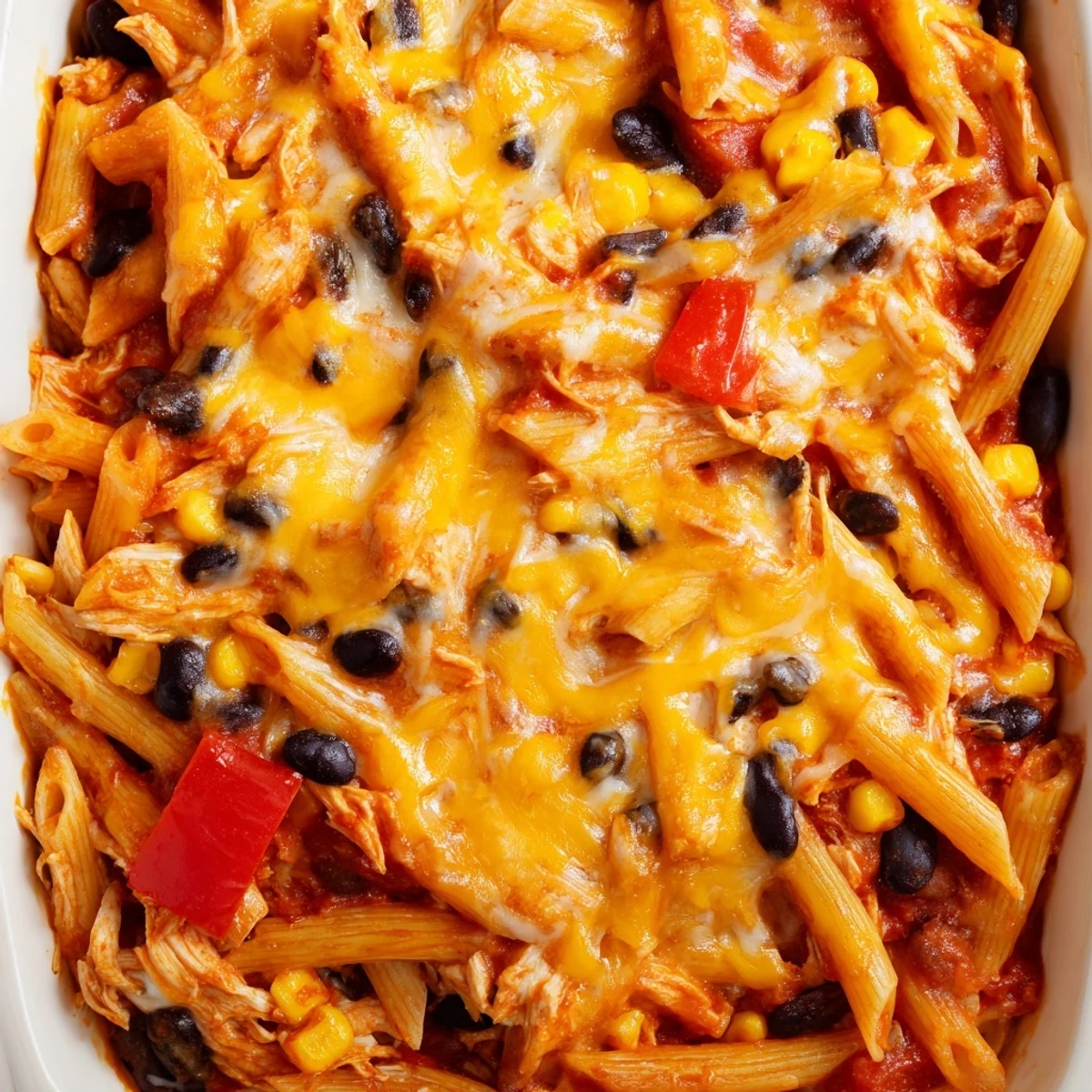A bubbling pan of Chicken Burrito Pasta Bake, with melted cheddar and Monterey Jack cheese stretching over penne, black beans, and corn, served with a side of salsa.