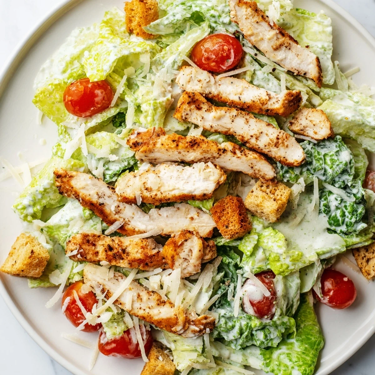 Creamy Greek yogurt Caesar dressing drizzled over tender grilled chicken in a vibrant salad bowl.