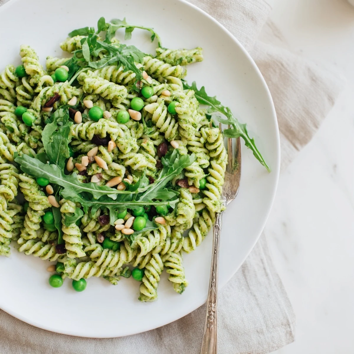 Spring Green Pesto Pasta Salad in a white bowl with fresh peas, arugula, and toasted pine nuts, served on a picnic table.  