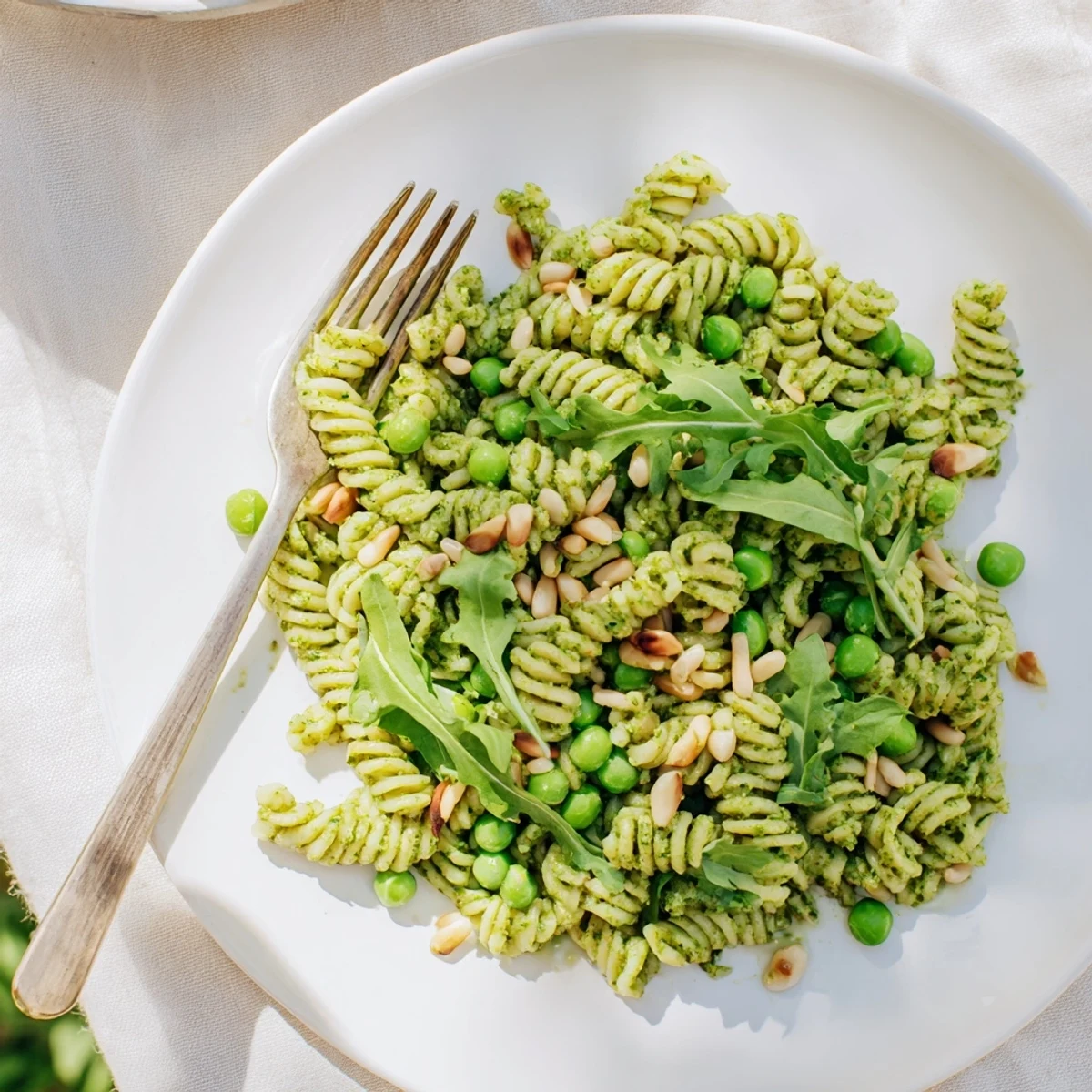 Close-up of Spring Green Pesto Pasta Salad with creamy pesto, lemon zest, and extra toasted pine nuts on top.