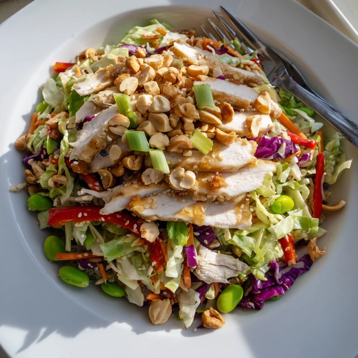 A close-up of the Edamame Crunch Chicken Salad shows colorful shreds of green and red cabbage, carrots, and tender chicken tossed in a glossy ginger dressing.