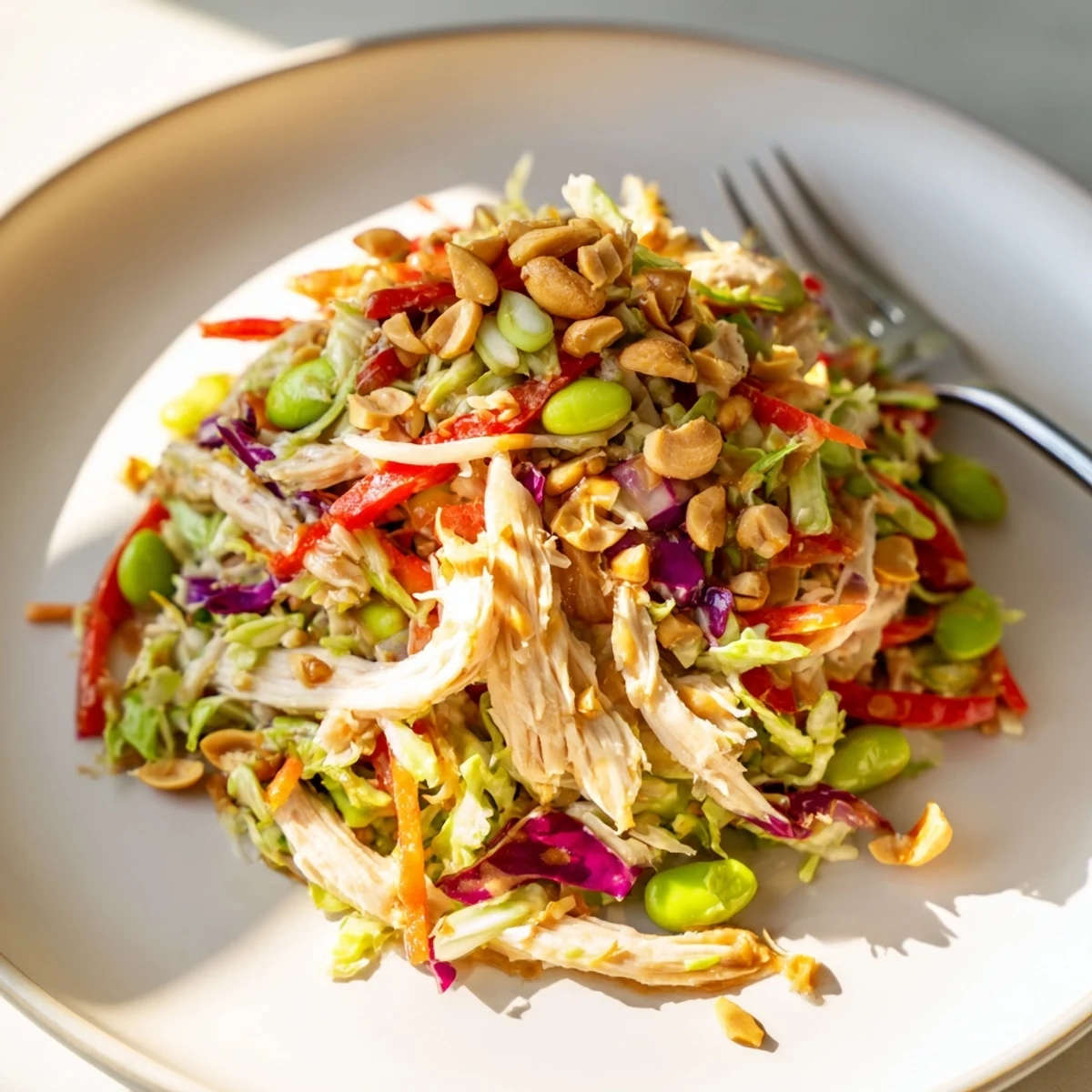 Heaped in a white bowl, the Edamame Crunch Chicken Salad is topped with toasted sesame seeds and crunchy cashews, ready to serve as a refreshing lunch.