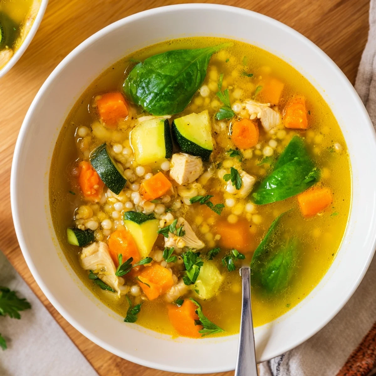 Steaming bowl of golden Soothing Turmeric Chicken With Pearl Barley soup, with tender chicken and vibrant vegetables.