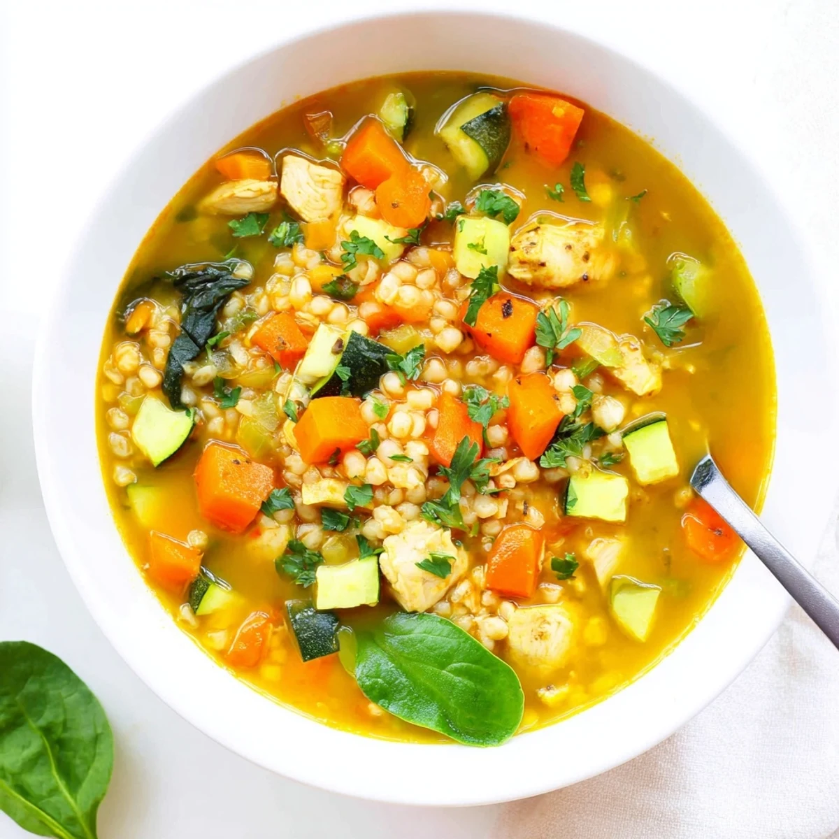 Serving suggestion for Soothing Turmeric Chicken With Pearl Barley, garnished with fresh parsley and a lemon wedge.