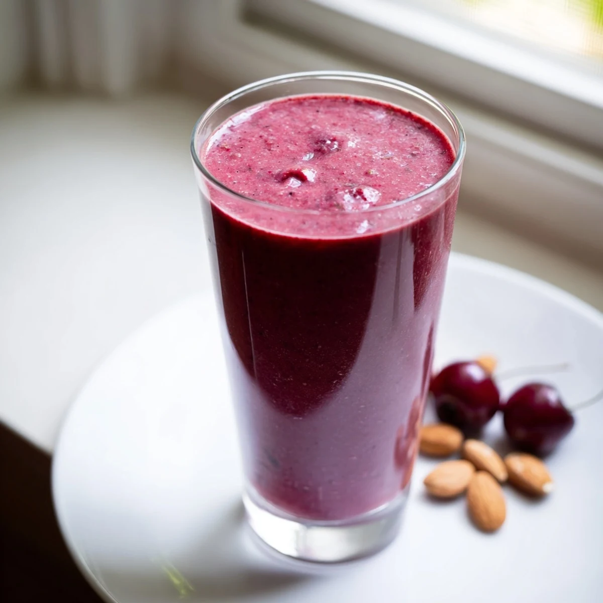 Creamy Cherry Almond Smoothie in a tall glass, topped with sliced almonds and a few tart cherries for a refreshing breakfast treat.