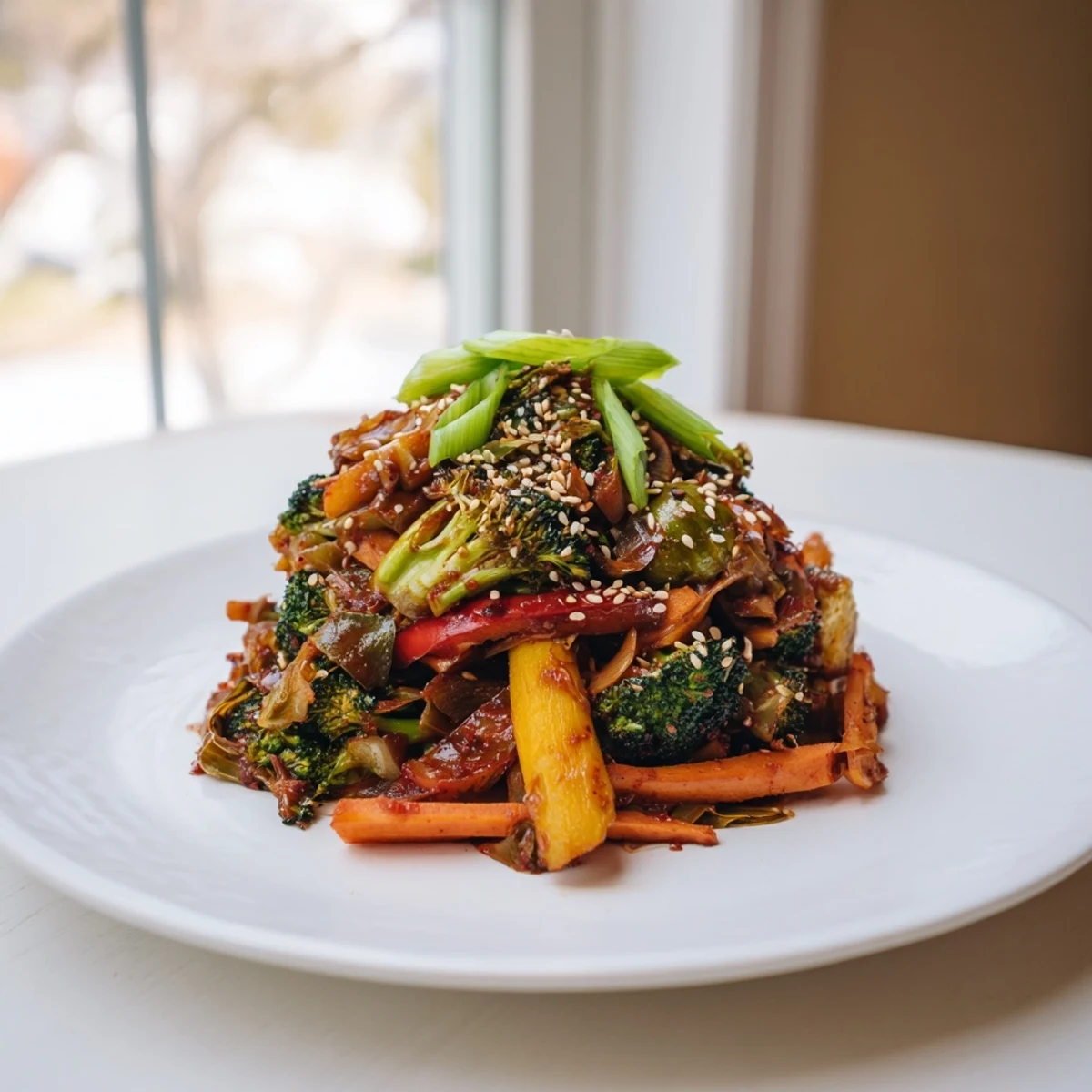 Colorful winter vegetables like broccoli and sweet potato stir-fry with vibrant chopped kimchi in a warm skillet.