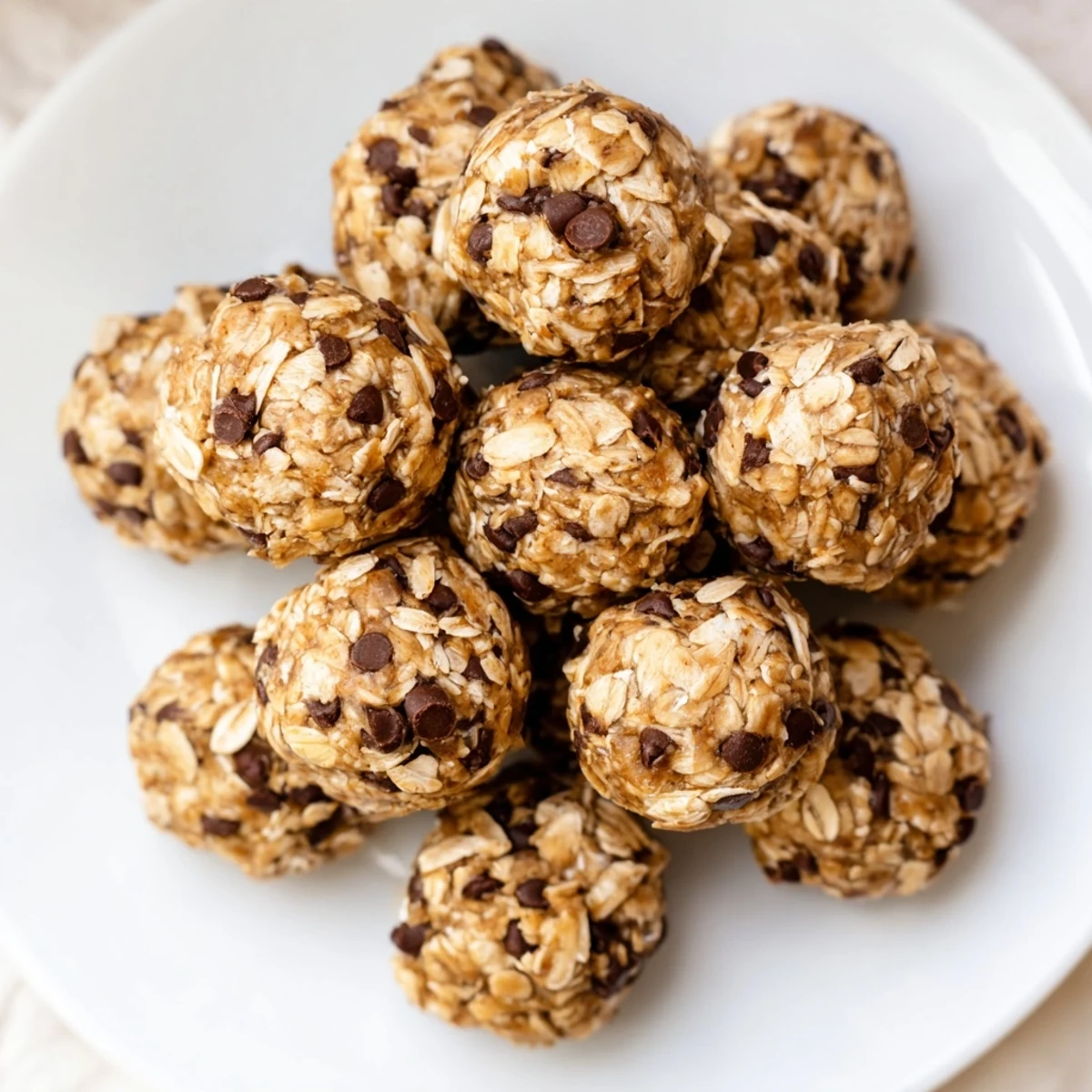 Freshly rolled Banana Chocolate Chip Energy Balls on a parchment-lined tray, showcasing soft, chewy textures with visible oats and mini chocolate chips, perfect for a healthy snack.