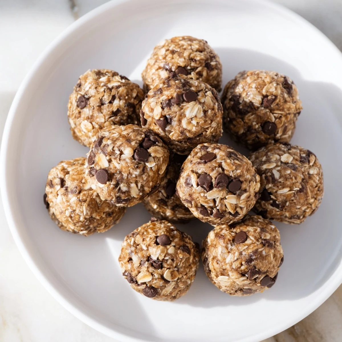 Close-up of a halved Banana Chocolate Chip Energy ball revealing a moist interior packed with oats, flaxseed, and melted mini chocolate chips, ideal for breakfast or hiking.