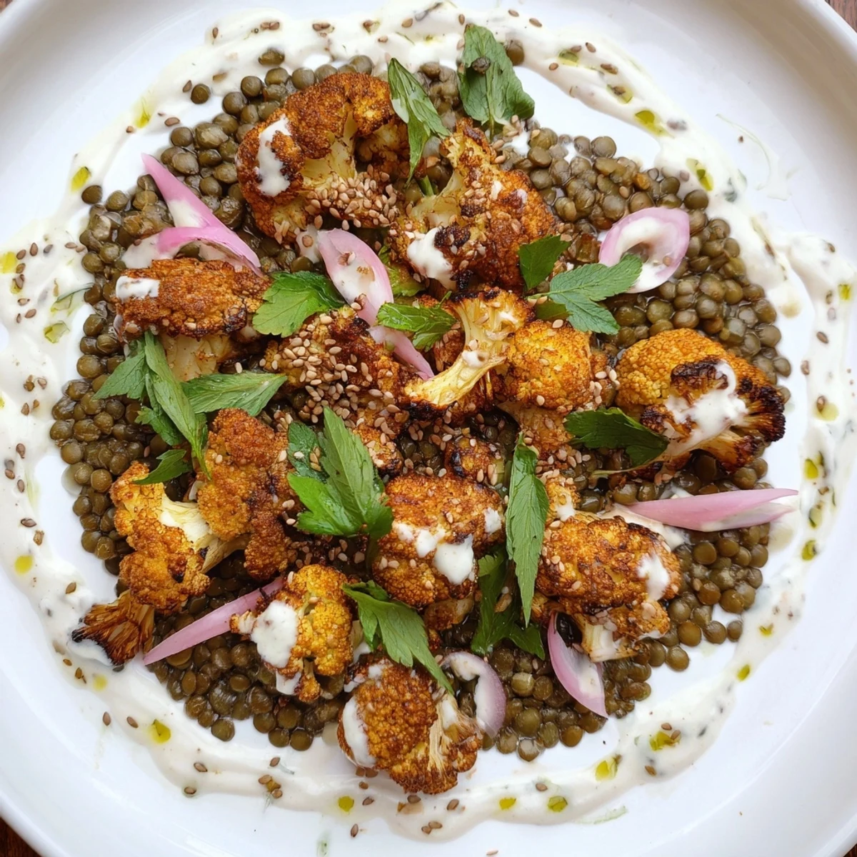 A serving of vegetarian Roasted Cauliflower With Lemon Lentil Cumin Tahini Yogurt features a dollop of tangy sauce and fresh herbs for a Mediterranean-inspired dinner.