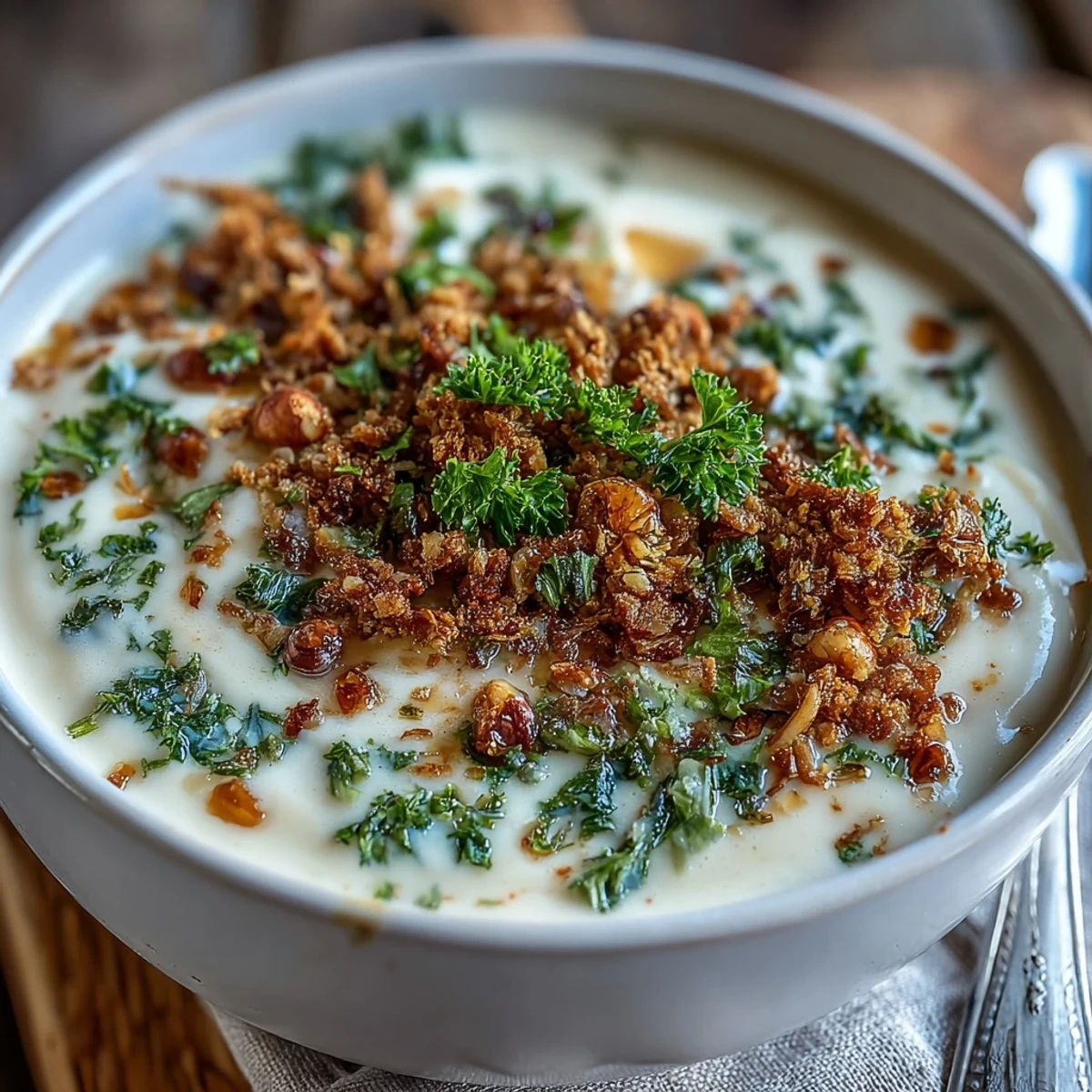 Velvety Celeriac Soup With Hazelnut Crumble served in a rustic white bowl, topped with golden toasted nuts and fresh parsley.
