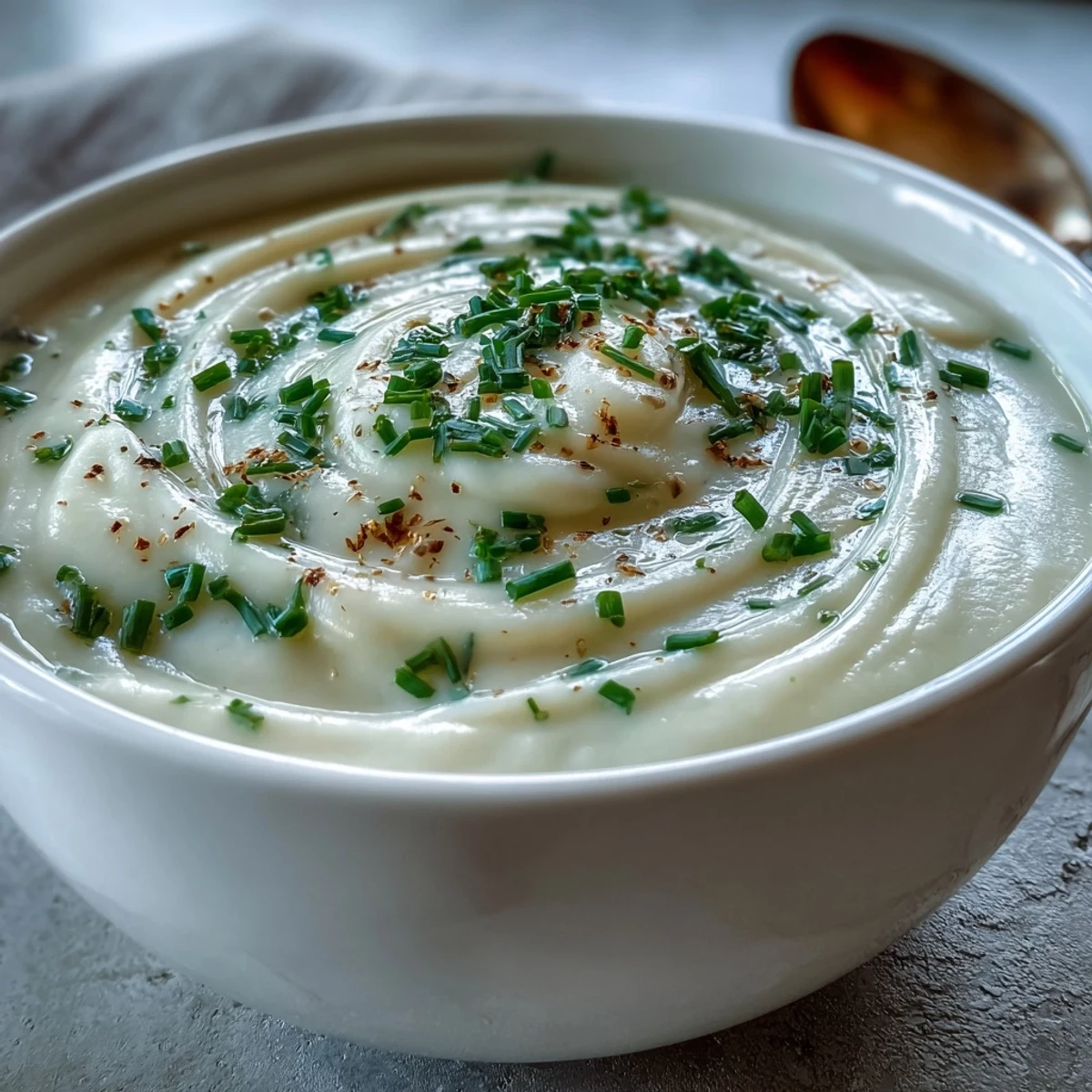 Creamy Celery Root Bisque in a white bowl garnished with fresh chives and a swirl of cream.