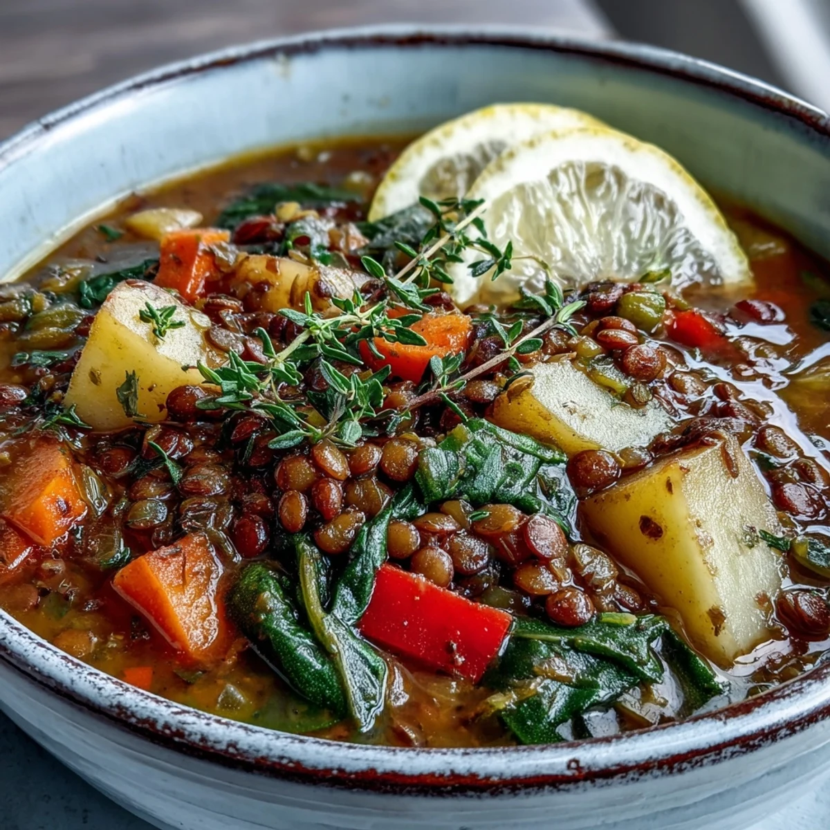 Steaming vegetarian lentil stew served hot in a rustic bowl with fresh parsley and a lemon wedge.