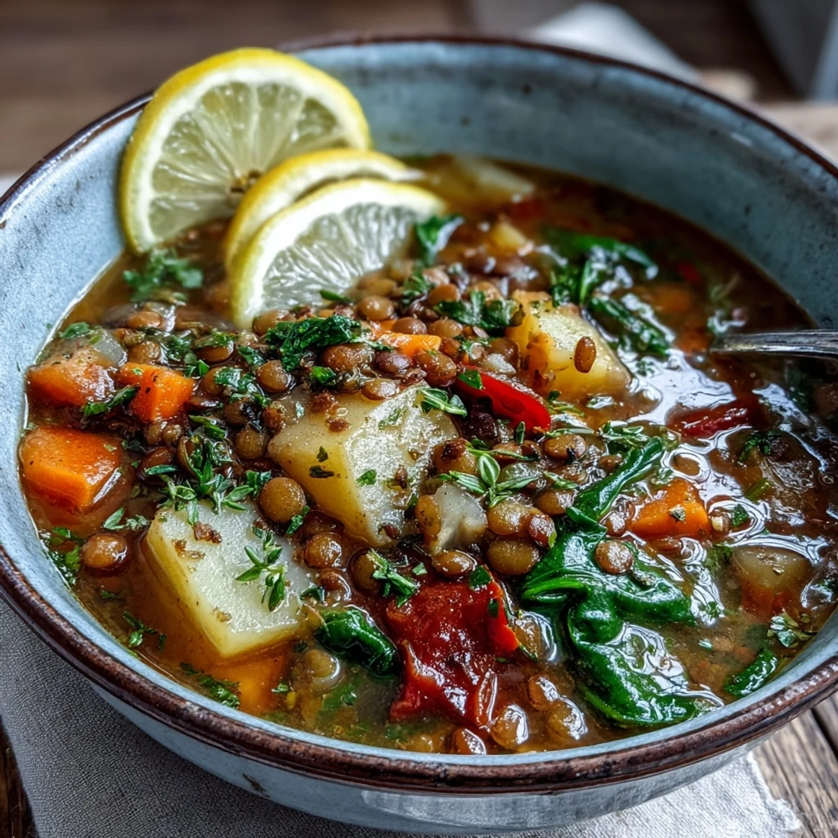 Spoonful of hearty vegetarian lentil stew revealing tender lentils, carrots, and spinach in a rich tomato broth.