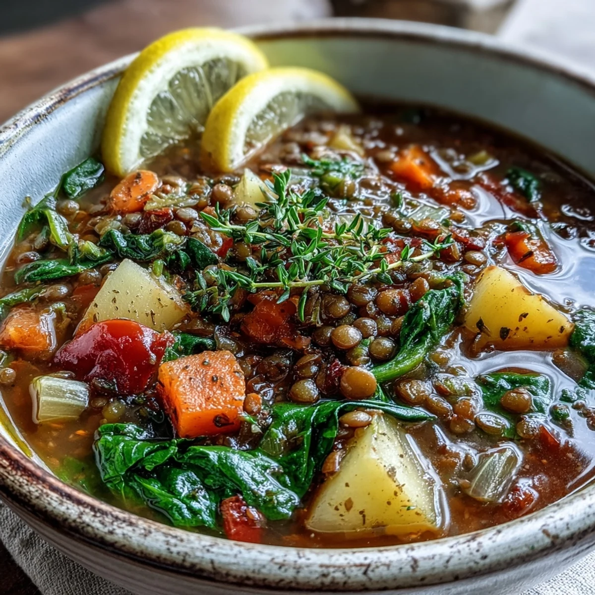 Bright vegetarian lentil stew in a bowl, garnished with parsley and lemon wedges beside crusty bread.