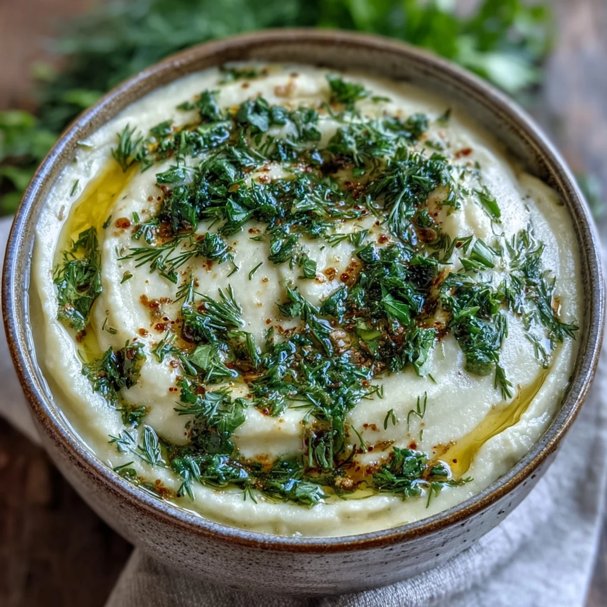 Roasted golden parsnip and herb soup in a cozy kitchen setting, garnished with dill and chives, ready to enjoy with crusty bread.
