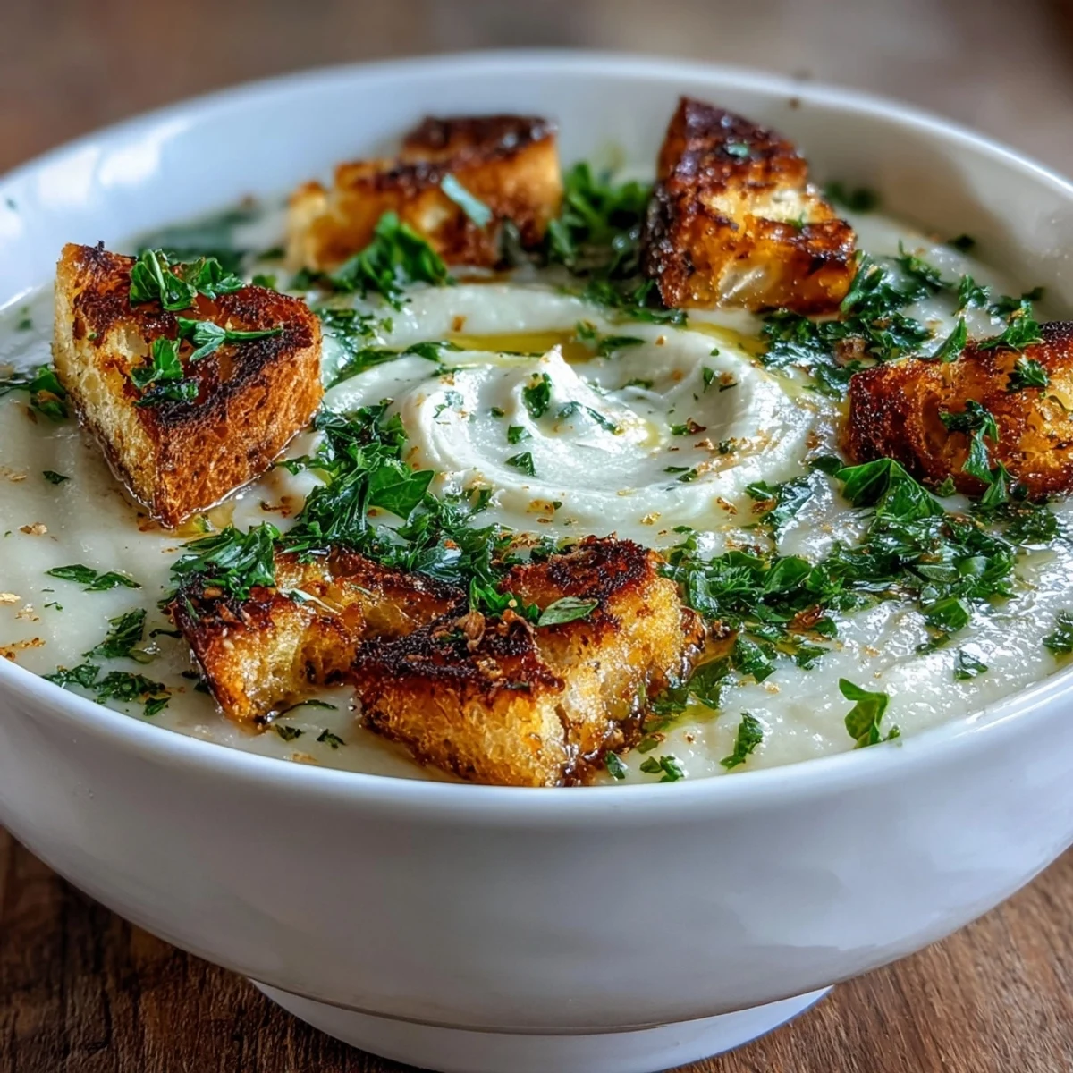 Golden-brown roasted garlic cloves rest on a baking sheet next to the finished Roasted Garlic Soup, garnished with parsley and croutons.