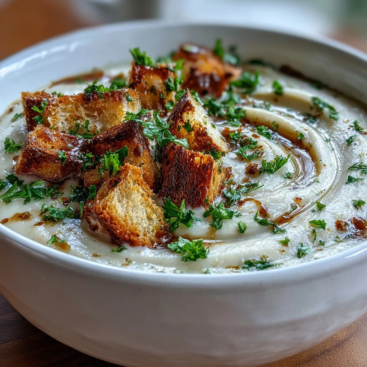 Roasted Garlic Soup is served hot in a rustic white bowl, topped with fresh parsley and a drizzle of olive oil.