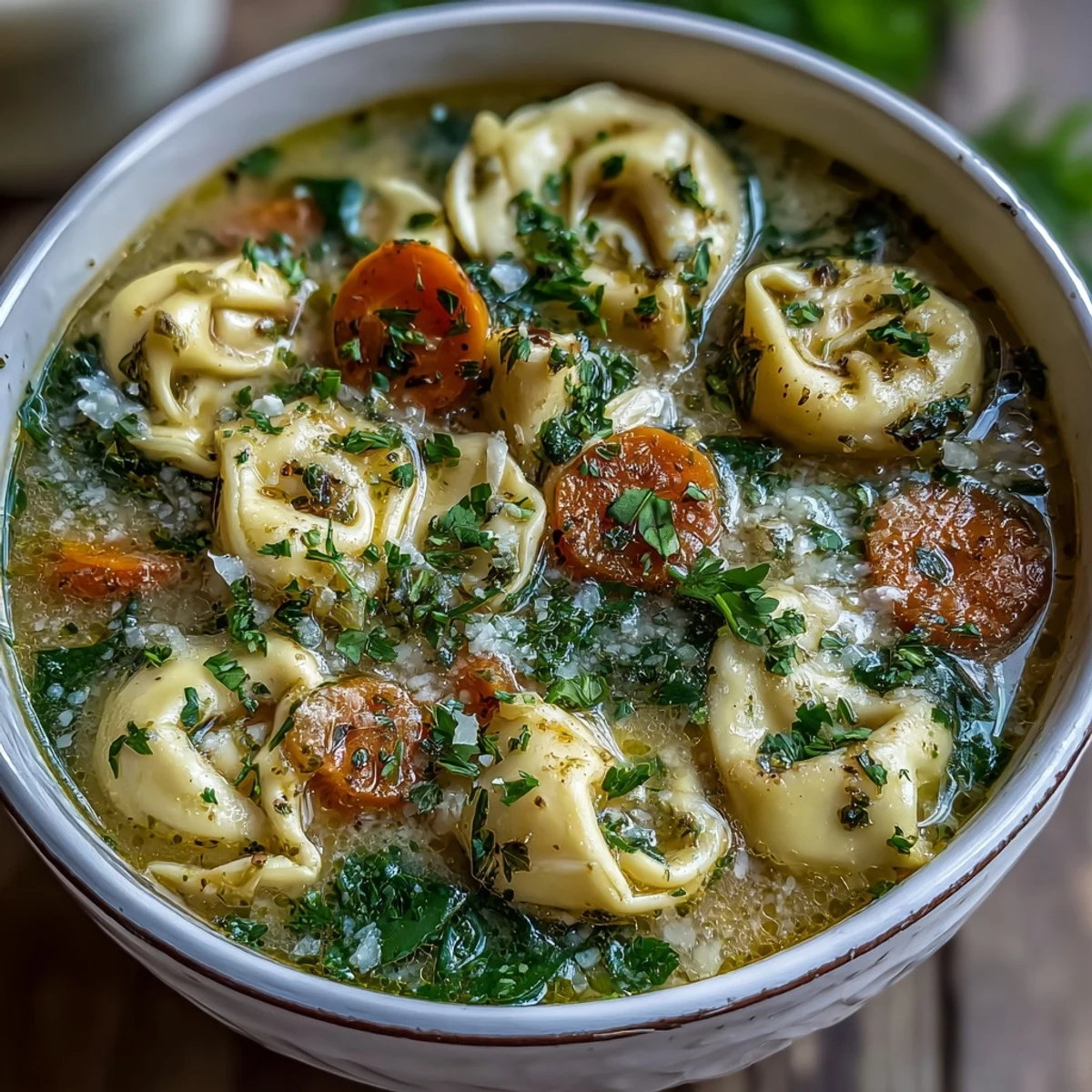 A warm bowl of Easy Tortellini Soup with Chicken Broth, topped with fresh parsley and grated Parmesan cheese.