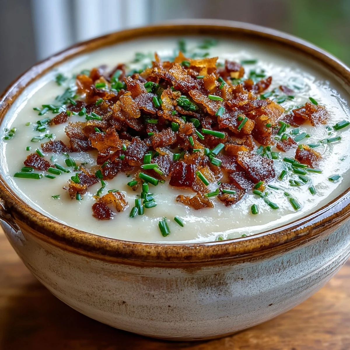 A close-up of Creamy Celeriac Soup with Crispy Bacon, highlighting velvety texture and golden, smoky bacon pieces on top.