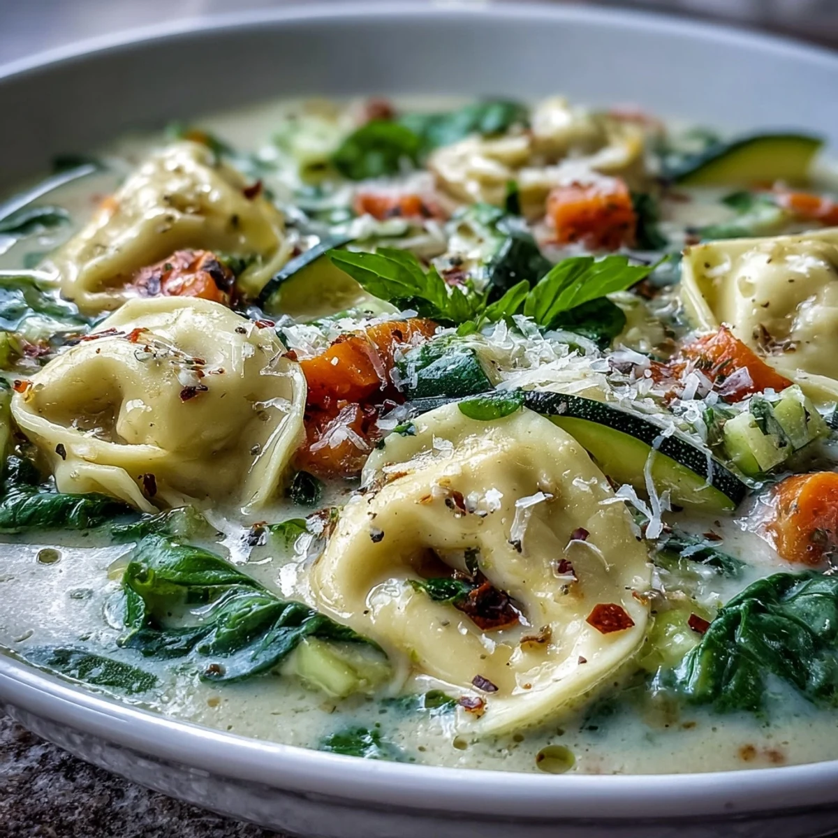 Creamy Vegetable Tortellini Soup in a rustic bowl, showcasing vibrant carrots, spinach, and cheesy tortellini in a rich, creamy broth.