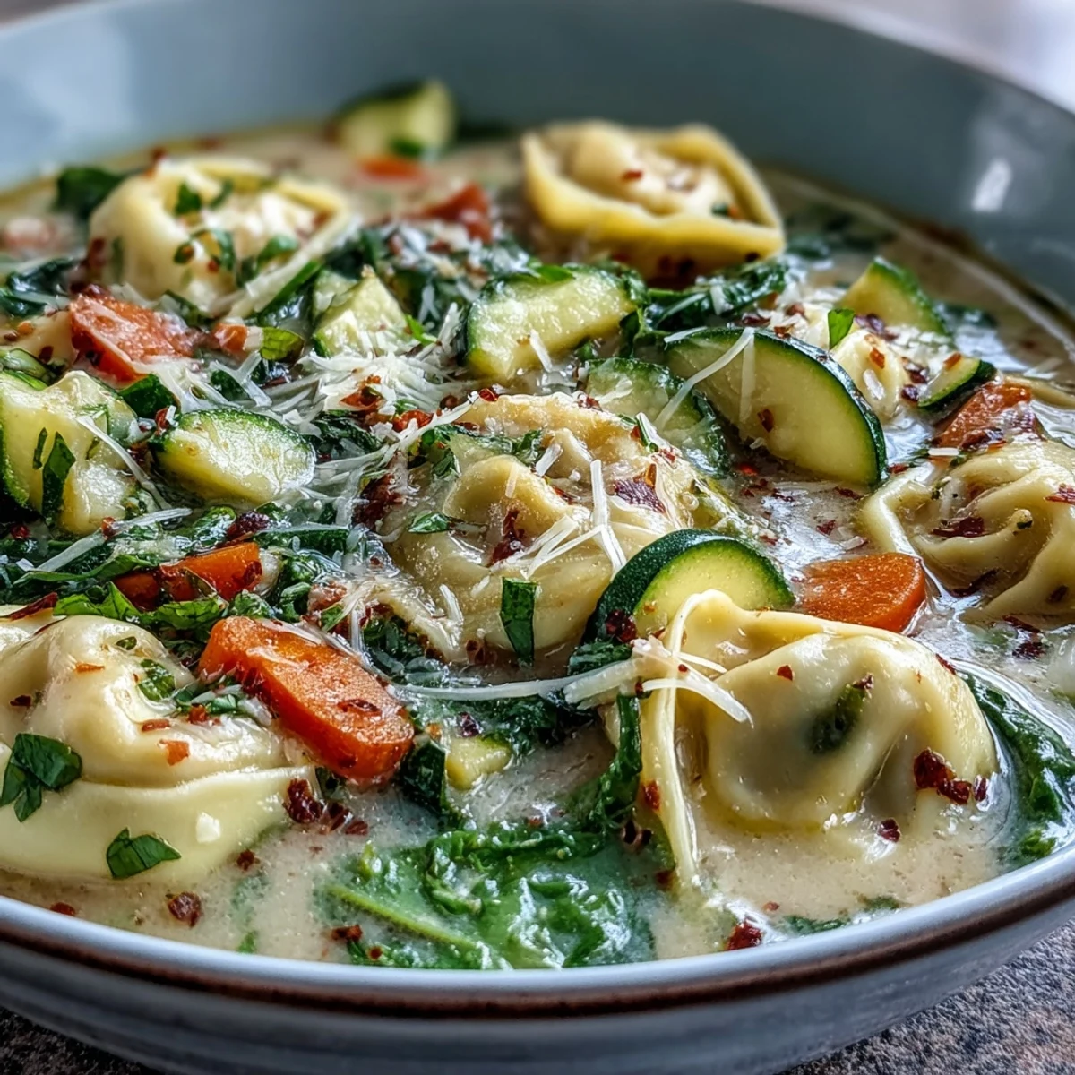 A warm, comforting bowl of Creamy Vegetable Tortellini Soup garnished with fresh basil and Parmesan, perfect for a cozy weeknight dinner.
