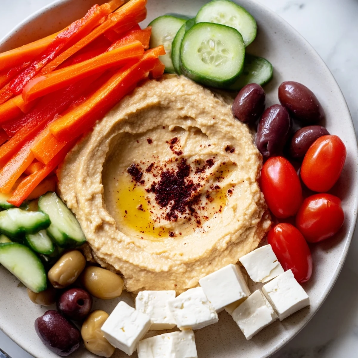 Vibrant Middle Eastern Mezze Platter with creamy hummus, marinated olives, feta, fresh veggies, and warm pita triangles, ready to share.