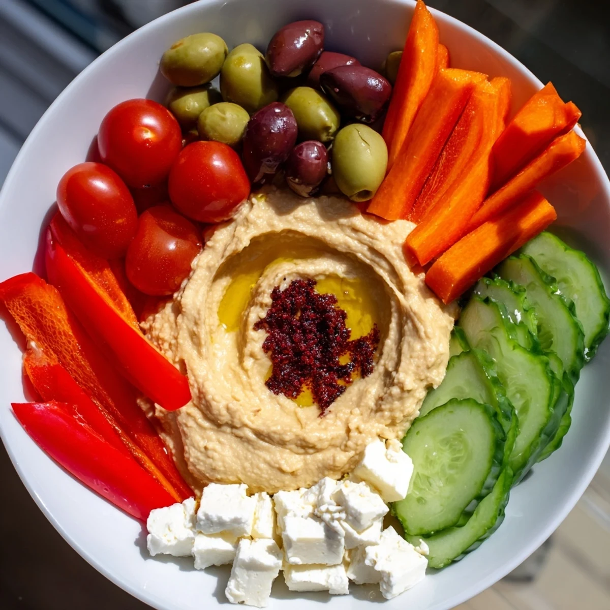 Hearty Middle Eastern Mezze Platter features a generous bowl of hummus topped with olive oil and sumac, surrounded by colorful salads and cheese.