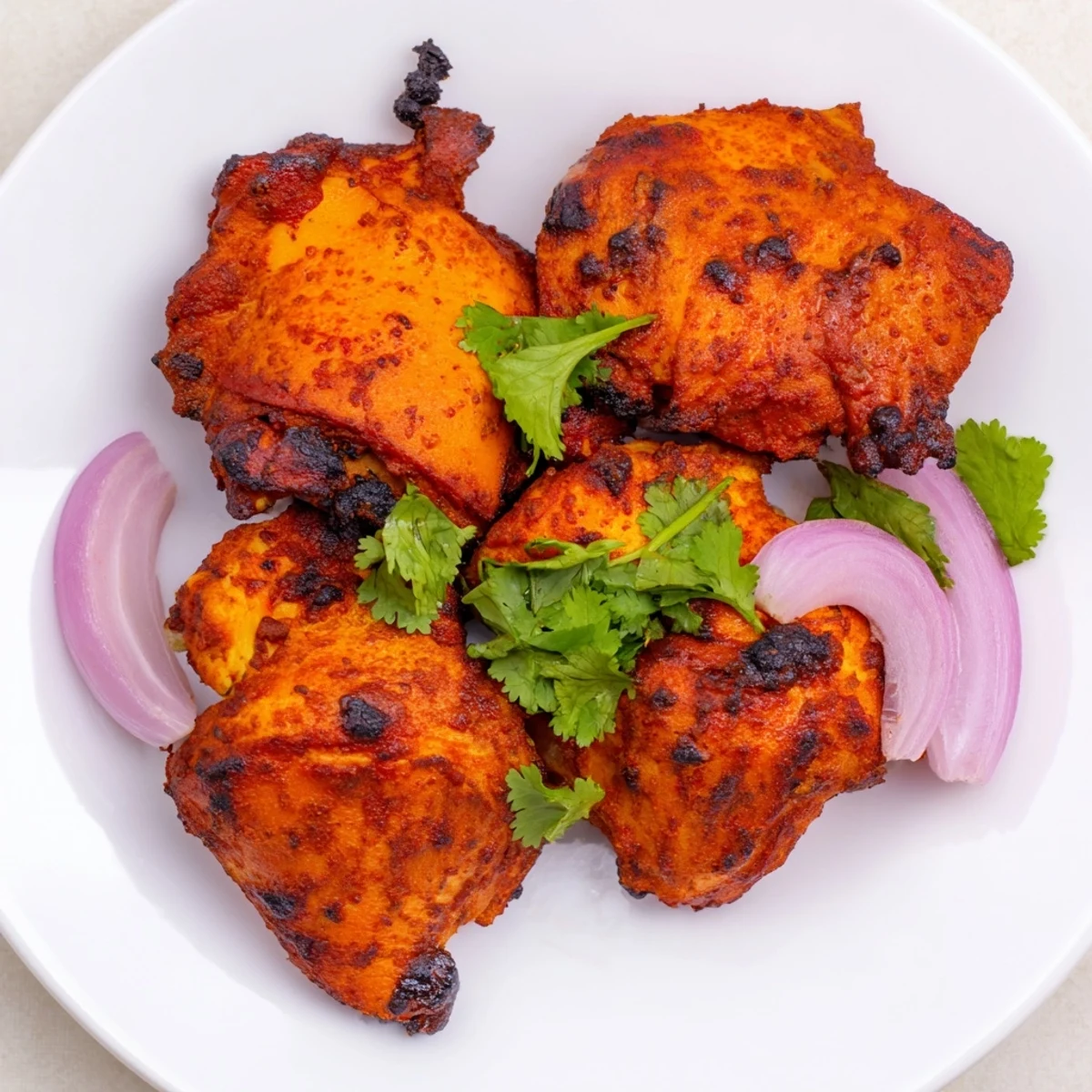Golden-brown Indian Tikka Spiced Chicken pieces roasted to perfection on a wire rack, garnished with fresh cilantro and lemon wedges for serving.  