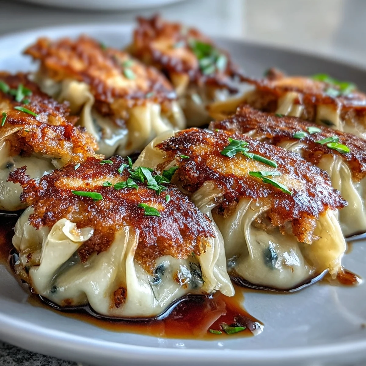 Golden-brown smash dumplings sizzling in a skillet, with crispy bottoms and a side of spicy dipping sauce.