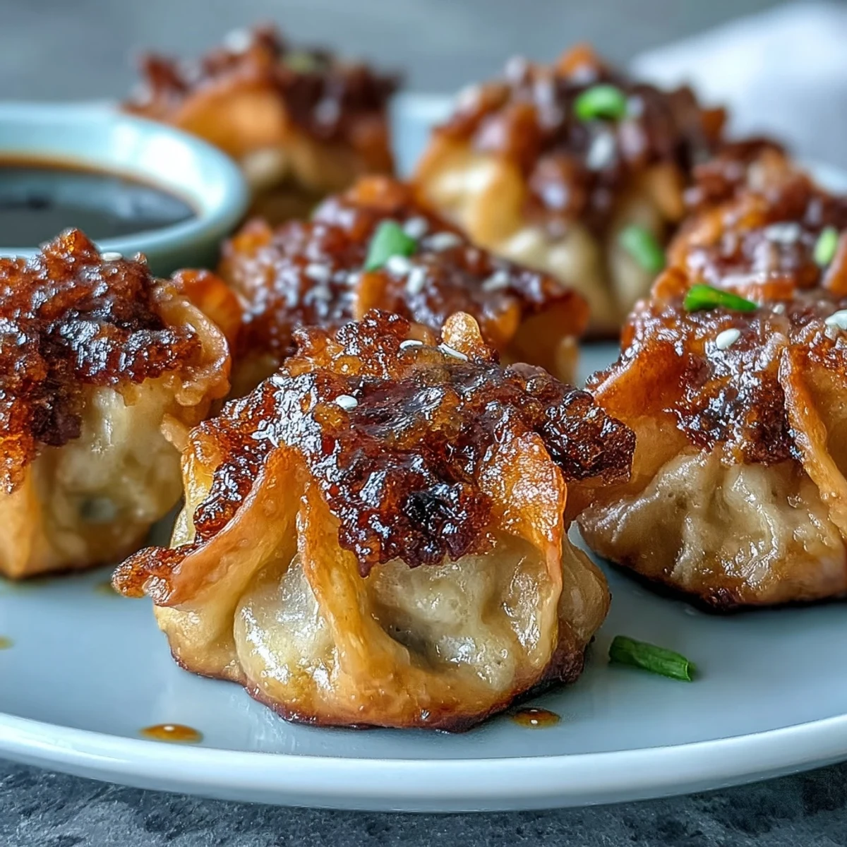 Appetizer plate of smash dumplings, garnished with scallions and served with a small bowl of soy sauce.