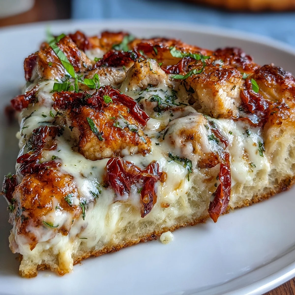 Golden, crispy-crust Marry Me Chicken Pizza topped with creamy herb chicken, melted mozzarella, and vibrant sun-dried tomatoes.
