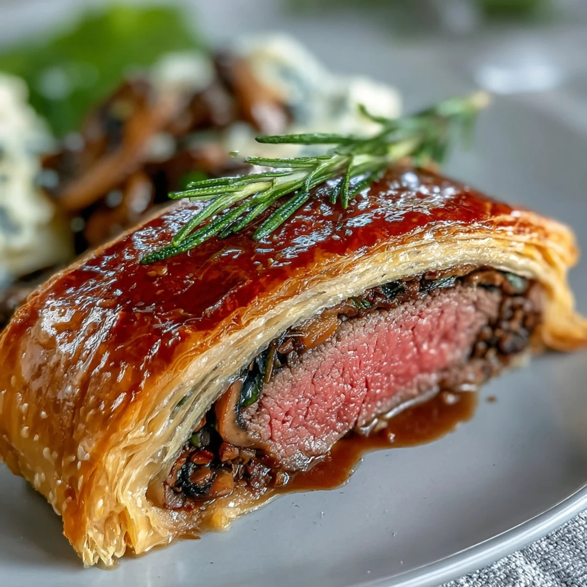 A plated slice of gourmet Beef Wellington, garnished with fresh thyme and aromatic pan jus.