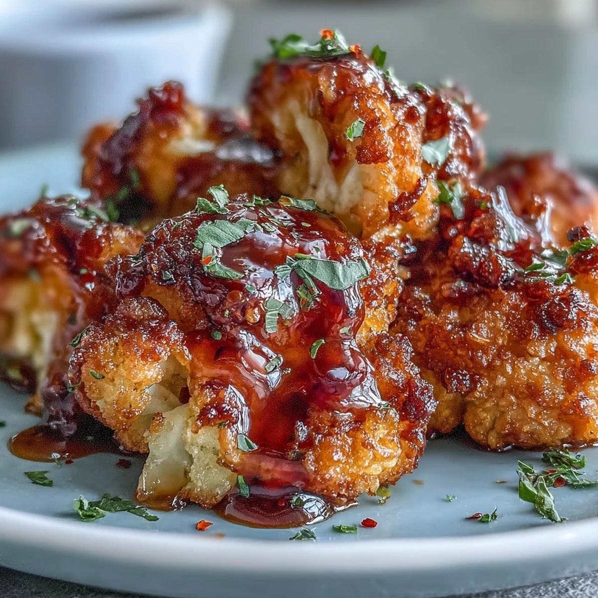 Golden-brown Crunchy Baked Hot Honey Cauliflower bites glistening with sweet-spicy glaze on a rustic plate.