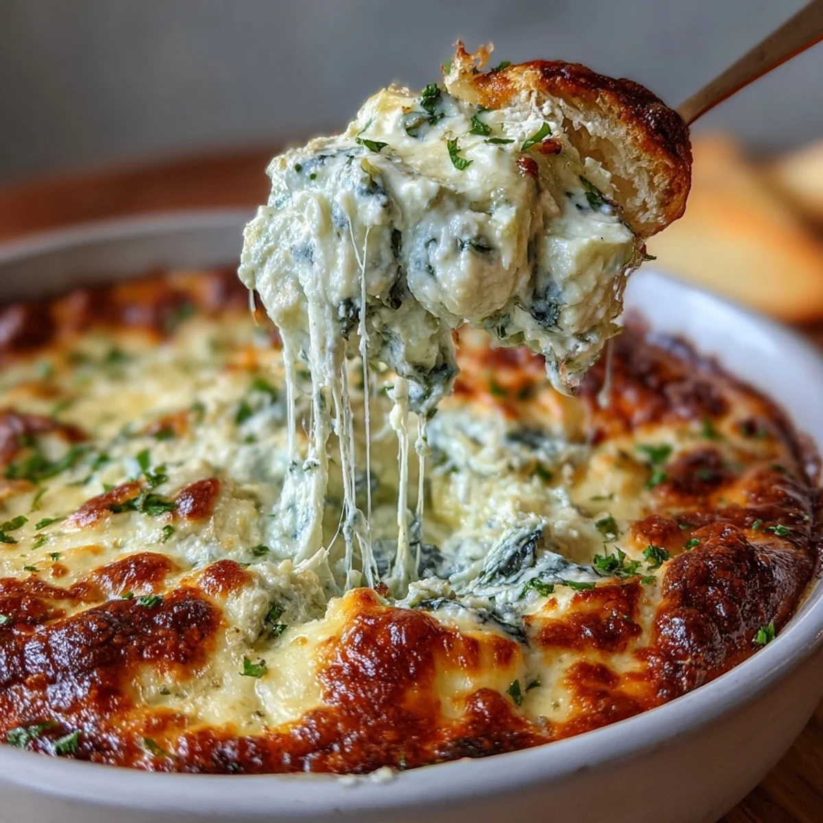 Creamy spinach artichoke dip with tender green spinach and artichoke hearts, ready to be scooped up with sliced baguette.