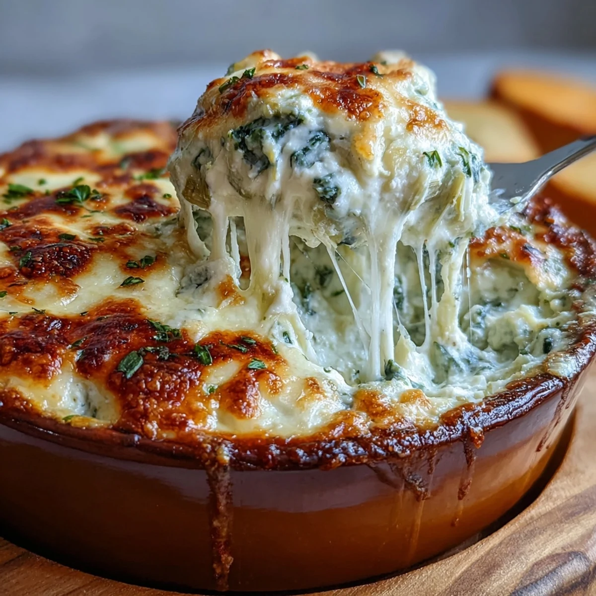 Golden, cheesy spinach artichoke dip coming straight out of the oven, paired with colorful vegetable sticks for a healthy snack.
