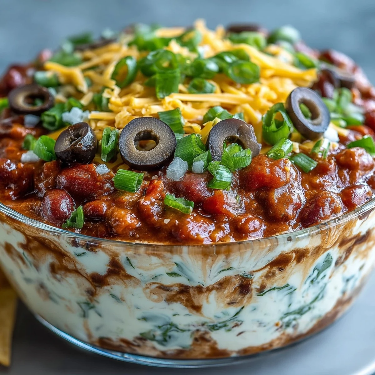 Colorful 4 layered dip with refried beans, zesty salsa, cheddar, black olives, and bell peppers served with tortilla chips.
