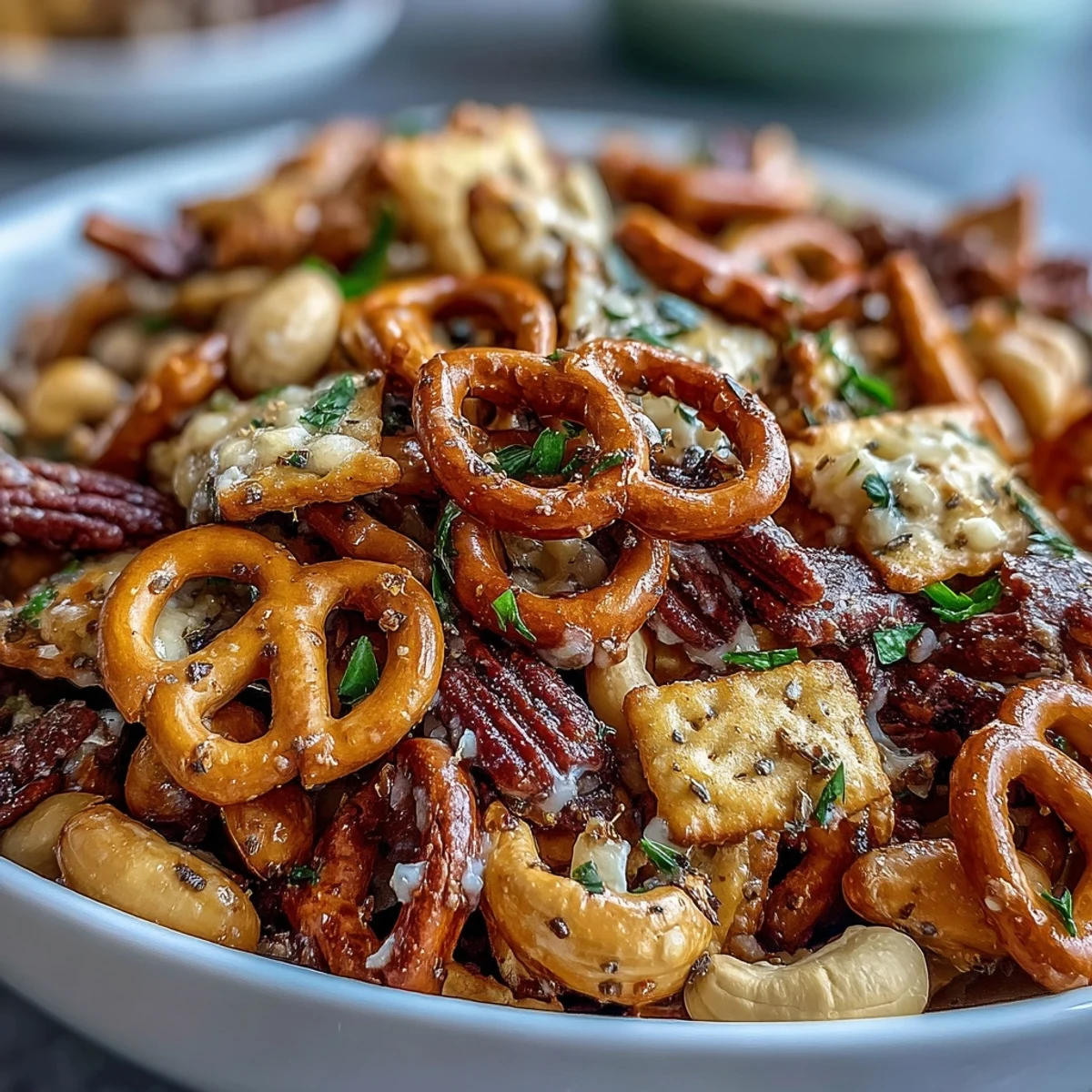 A close-up of Everything Ranch Cheese and Pretzel Snack Mix glistening with savory seasonings, perfect for game day snacking.