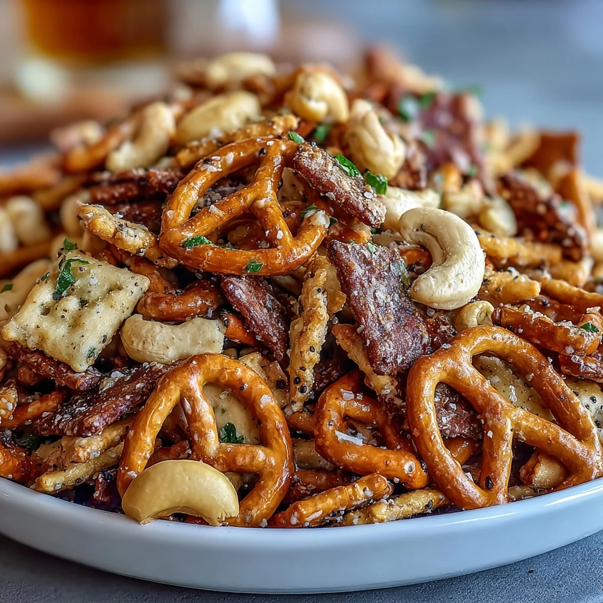 Freshly baked Everything Ranch Cheese and Pretzel Snack Mix cooling on a baking sheet, ready for hungry party guests.
