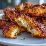 Family-style platter of Turmeric Chicken Tenders with pickles and a colorful salad side dish.